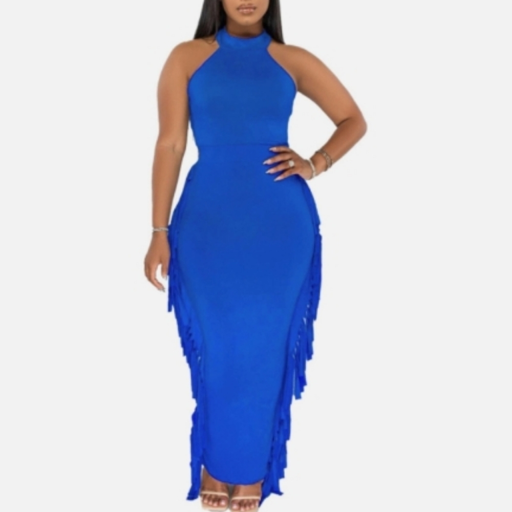 Yellow Cabbage (Size 1X) Blue "Lorie" Fringe Sleeveless Maxi Dress (NEW-NWT)
